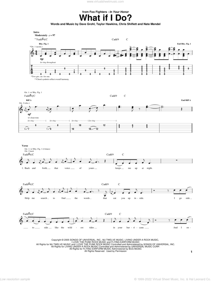 What If I Do? sheet music for guitar (tablature) by Foo Fighters, Chris Shiflett, Dave Grohl, Nate Mendel and Taylor Hawkins, intermediate skill level