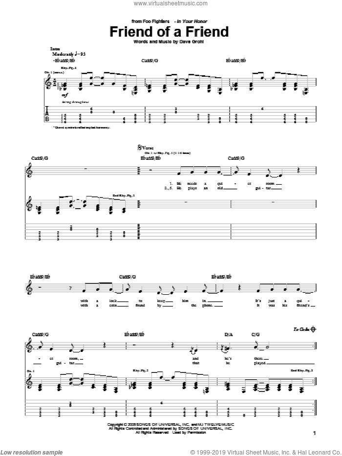 Friend Of A Friend sheet music for guitar (tablature) by Foo Fighters and Dave Grohl, intermediate skill level