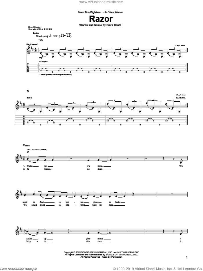 Razor sheet music for guitar (tablature) by Foo Fighters and Dave Grohl, intermediate skill level