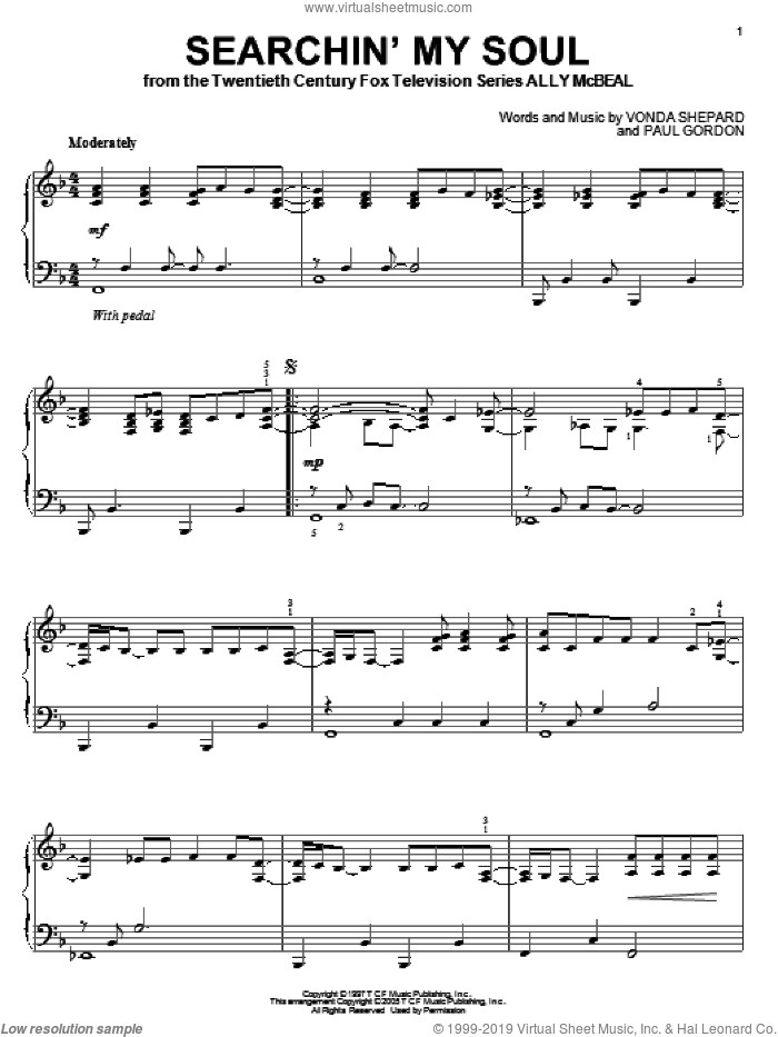 Searchin' My Soul sheet music for piano solo by Vonda Shepard and Paul Gordon, intermediate skill level