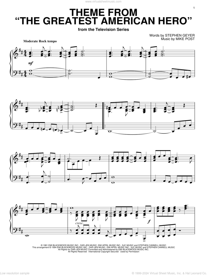 Theme From 'The Greatest American Hero' sheet music for piano solo by Joey Scarbury, Mike Post and Steve Geyer, intermediate skill level