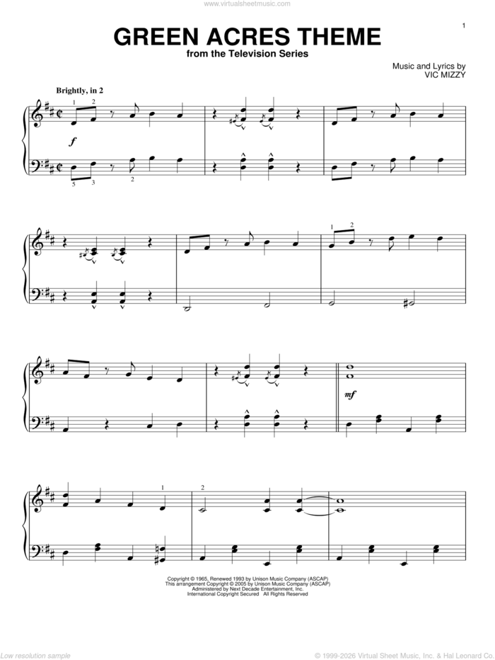 Green Acres Theme sheet music for piano solo by Vic Mizzy, intermediate skill level
