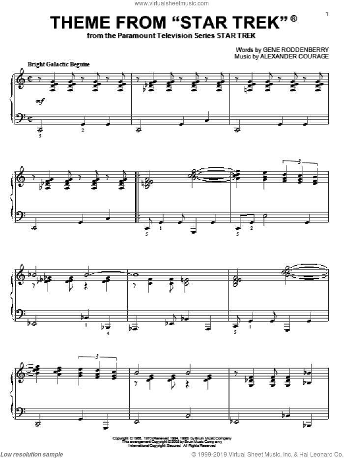Theme from Star Trek(R) sheet music for piano solo by Gene Roddenberry and Alexander Courage, intermediate skill level
