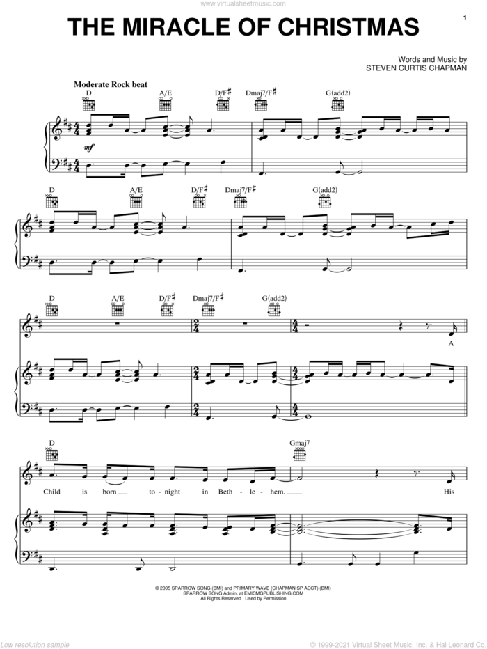 The Miracle Of Christmas sheet music for voice, piano or guitar by Steven Curtis Chapman, intermediate skill level