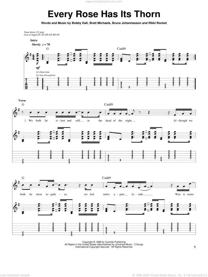 Every Rose Has Its Thorn sheet music for guitar (tablature, play-along) by Poison, Bobby Dall, Brett Michaels, Bruce Anthony Johannesson and Rikki Rockett, intermediate skill level