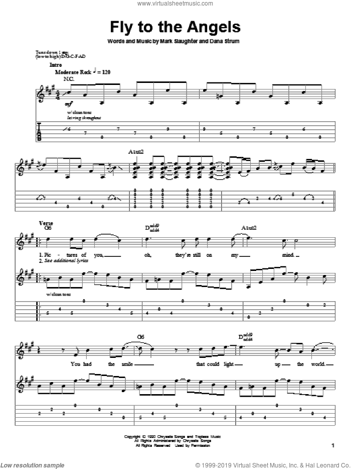 Fly To The Angels sheet music for guitar (tablature, play-along) by Slaughter, Dana Strum and Mark Slaughter, intermediate skill level