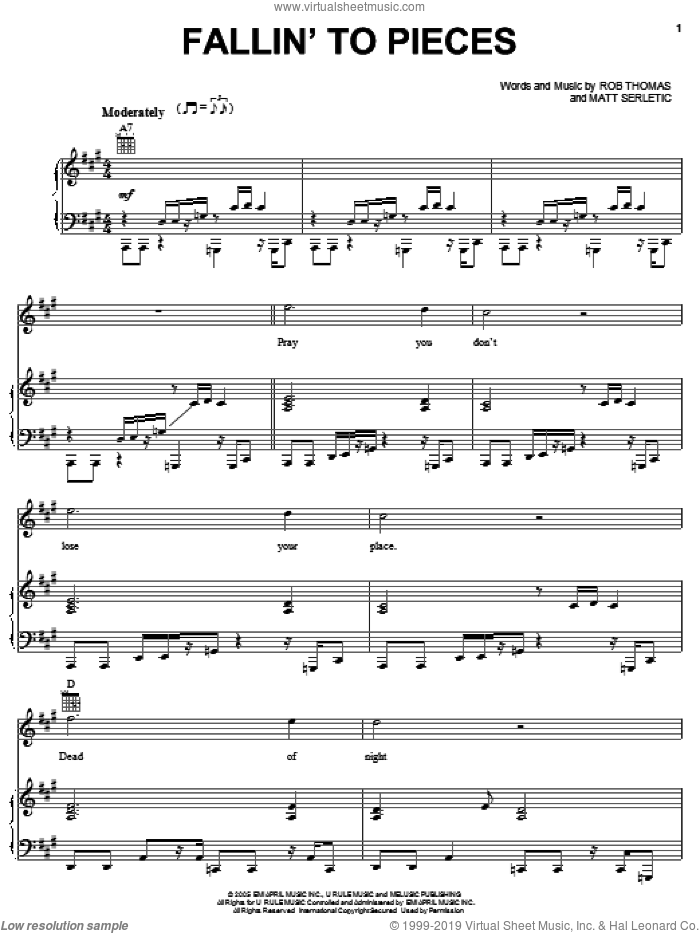 Fallin' To Pieces sheet music for voice, piano or guitar by Rob Thomas and Matt Serletic, intermediate skill level