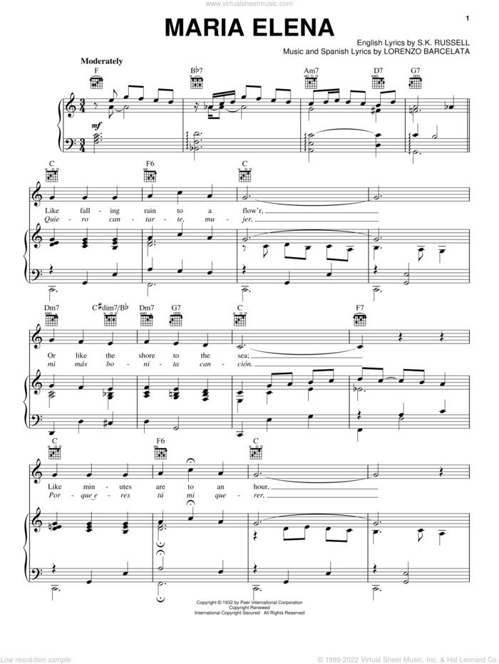 Maria Elena sheet music for voice, piano or guitar by Lorenzo Barcelata and S.K. Russell, intermediate skill level