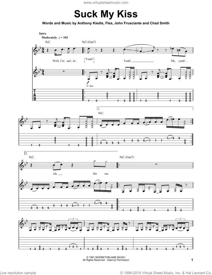 Suck My Kiss sheet music for guitar (tablature, play-along) by Red Hot Chili Peppers, Anthony Kiedis, Chad Smith, Flea and John Frusciante, intermediate skill level