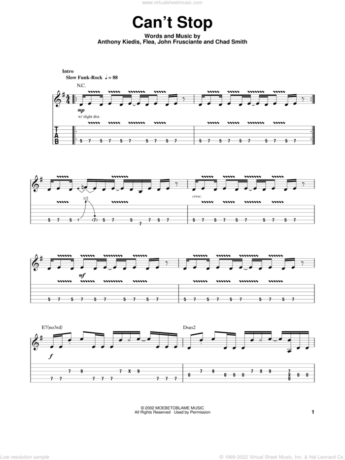 Can't Stop sheet music for guitar (tablature, play-along) by Red Hot Chili Peppers, Anthony Kiedis, Chad Smith, Flea and John Frusciante, intermediate skill level