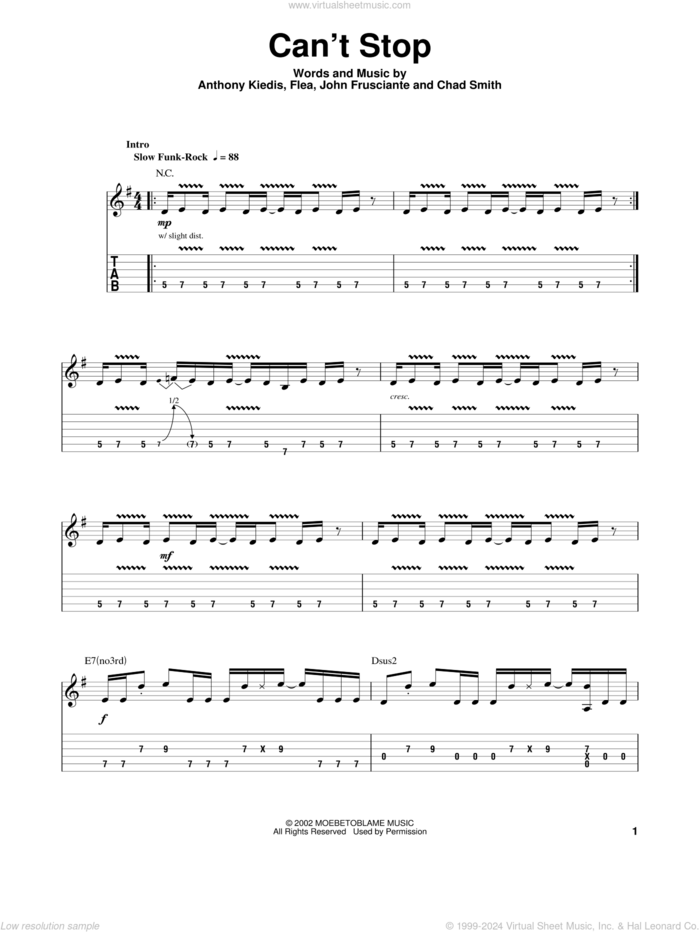 Can't Stop sheet music for guitar (tablature, play-along) by Red Hot Chili Peppers, Anthony Kiedis, Chad Smith, Flea and John Frusciante, intermediate skill level