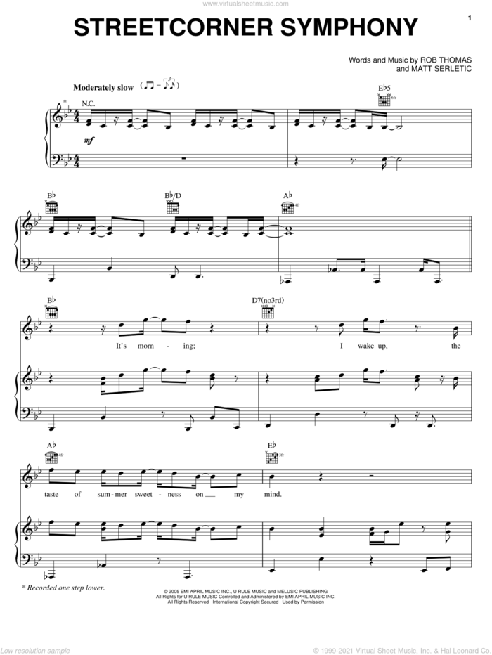 Streetcorner Symphony sheet music for voice, piano or guitar by Rob Thomas and Matt Serletic, intermediate skill level