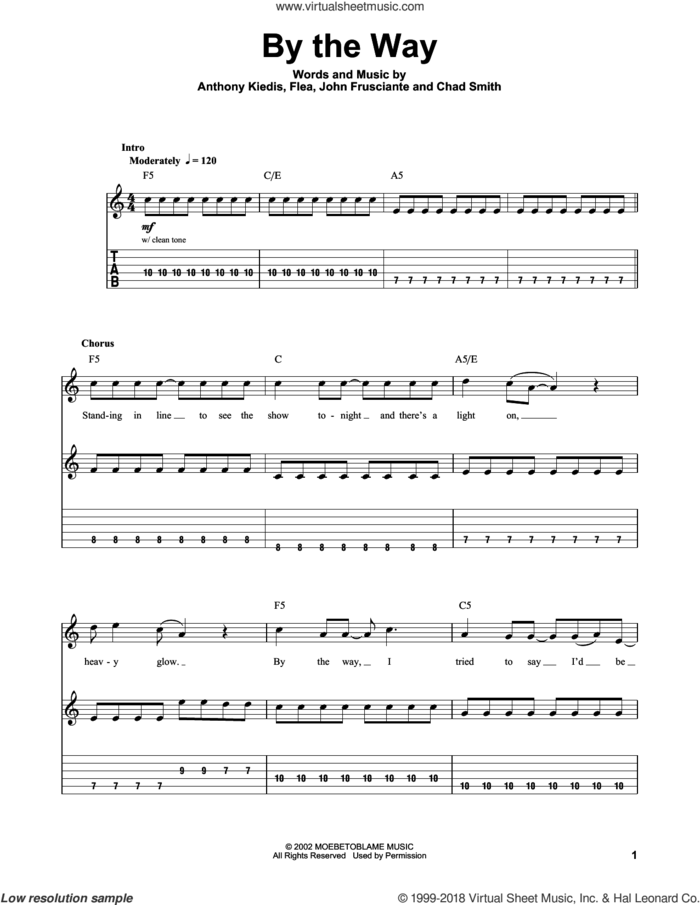 By The Way sheet music for guitar (tablature, play-along) by Red Hot Chili Peppers, Anthony Kiedis, Chad Smith, Flea and John Frusciante, intermediate skill level