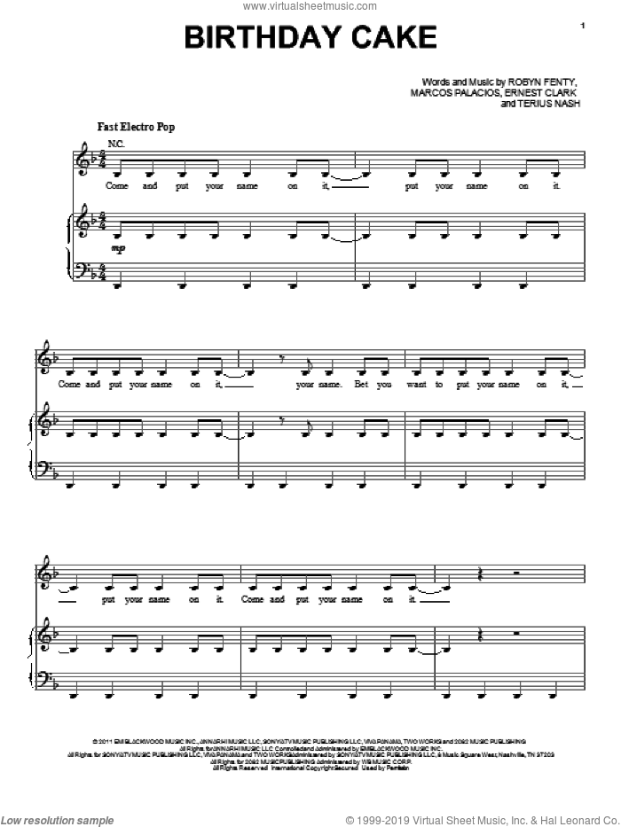 Birthday Cake sheet music for voice, piano or guitar by Rihanna, Ernest Clark, Marcos Palacios, Robyn Fenty and Terius Nash, intermediate skill level