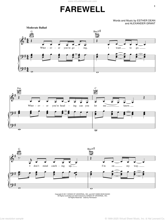 Farewell sheet music for voice, piano or guitar by Rihanna, Alexander Grant and Ester Dean, intermediate skill level