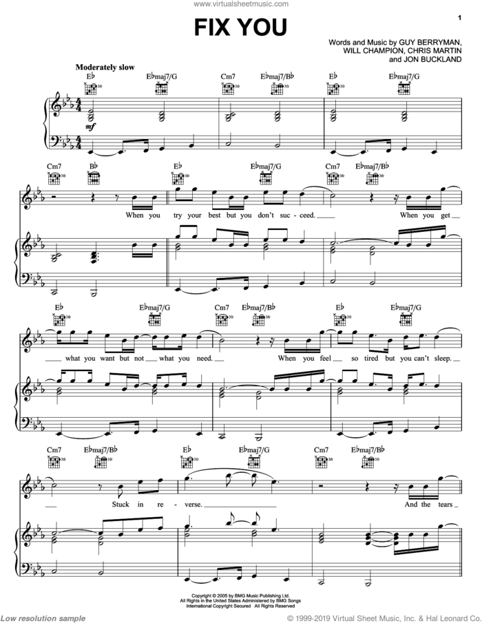 Fix You sheet music for voice, piano or guitar by Coldplay, Chris Martin, Guy Berryman, Jon Buckland and Will Champion, intermediate skill level
