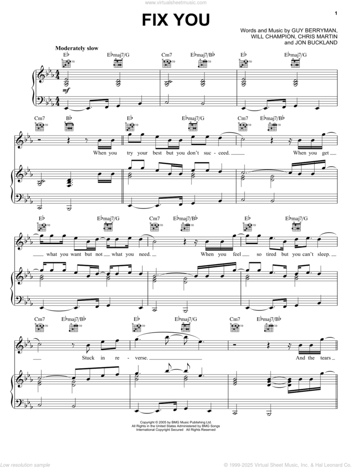 Fix You sheet music for voice, piano or guitar by Coldplay, Chris Martin, Guy Berryman, Jon Buckland and Will Champion, intermediate skill level