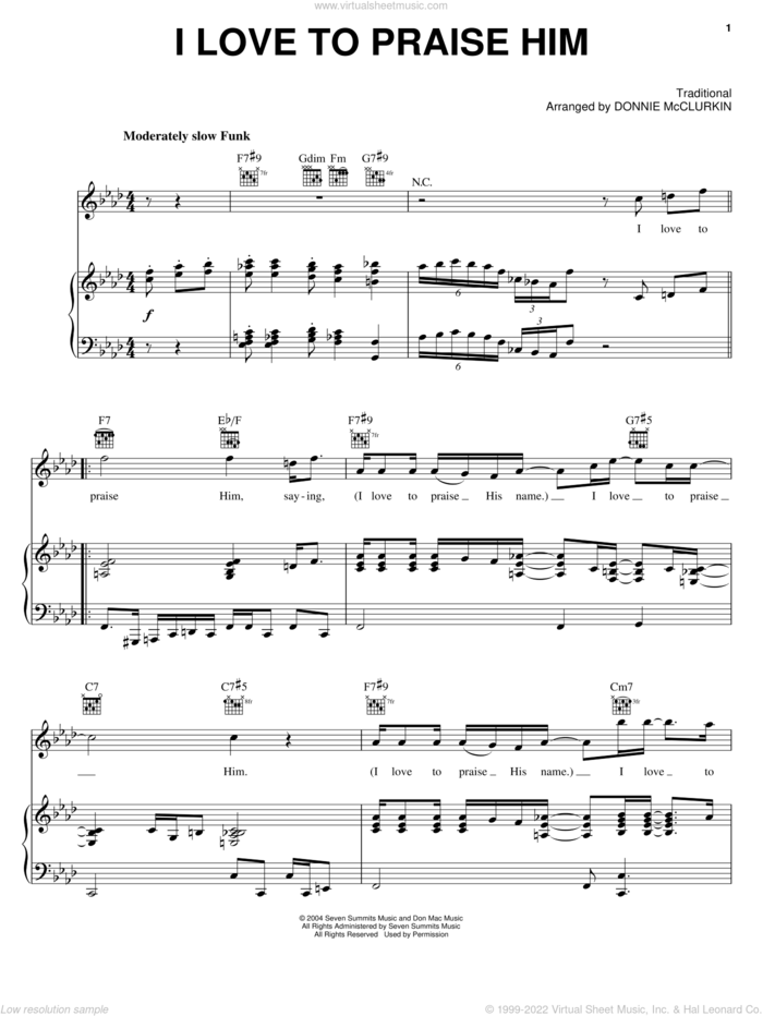 I Love To Praise Him sheet music for voice, piano or guitar by Donnie McClurkin and Miscellaneous, intermediate skill level