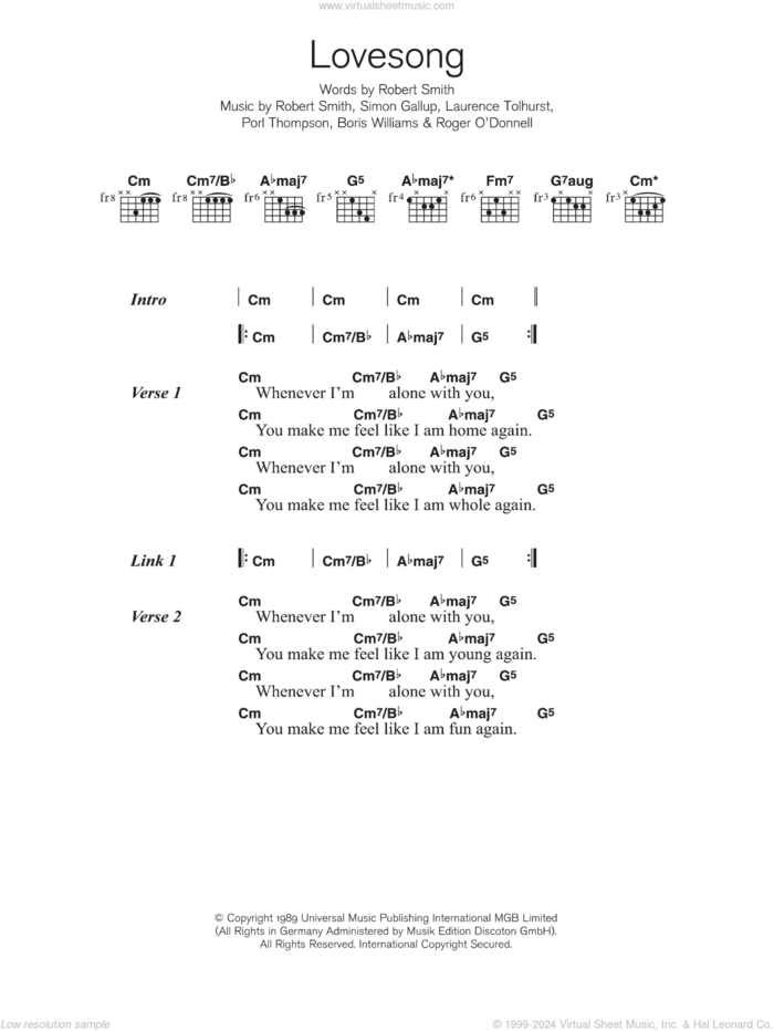 Lovesong sheet music for guitar (chords) by Adele, The Cure, Boris Williams, Laurence Tolhurst, Porl Thompson, Robert Smith and Simon Gallup, intermediate skill level