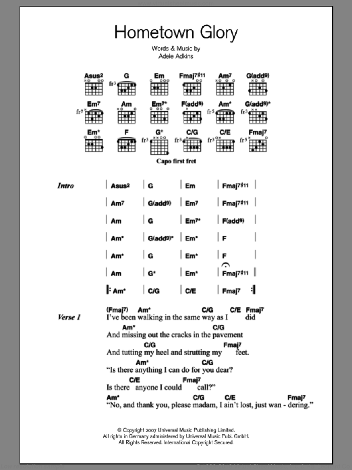 Hometown Glory sheet music for guitar (chords) by Adele and Adele Adkins, intermediate skill level