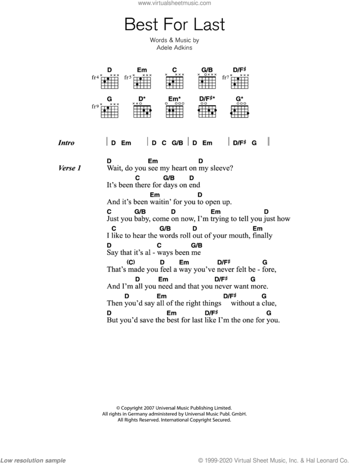 Best For Last sheet music for guitar (chords) by Adele and Adele Adkins, intermediate skill level