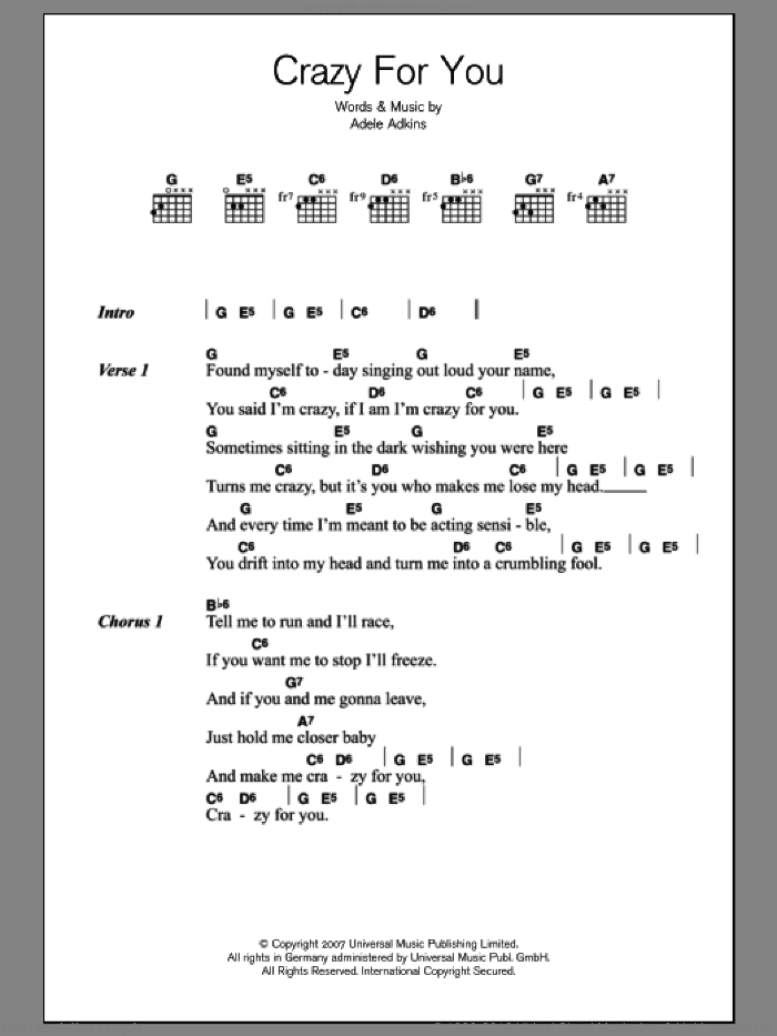 Crazy For You sheet music for guitar (chords) by Adele and Adele Adkins, intermediate skill level