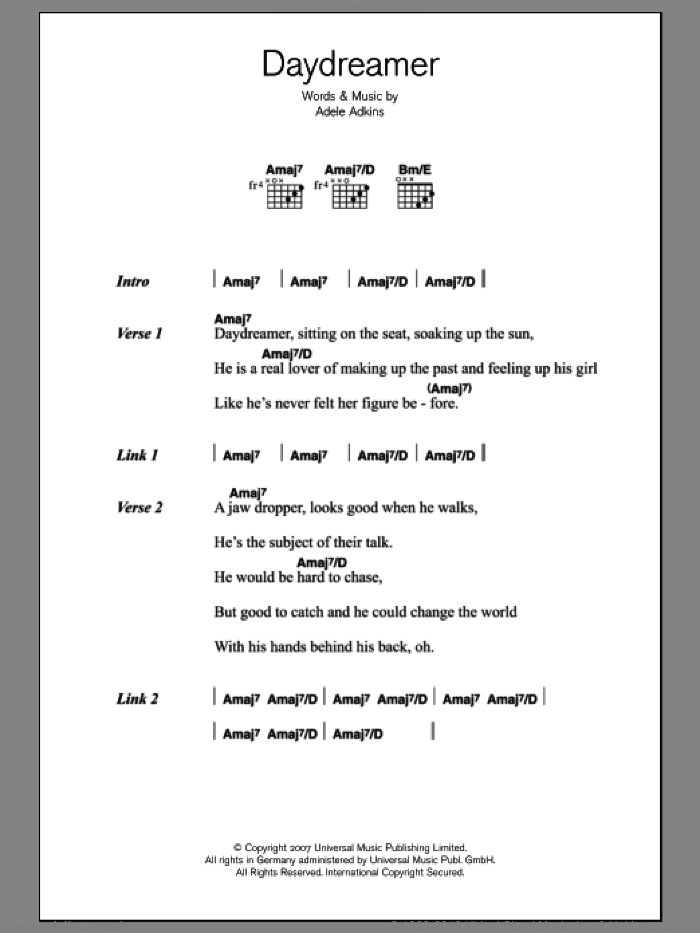 Daydreamer sheet music for guitar (chords) by Adele and Adele Adkins, intermediate skill level