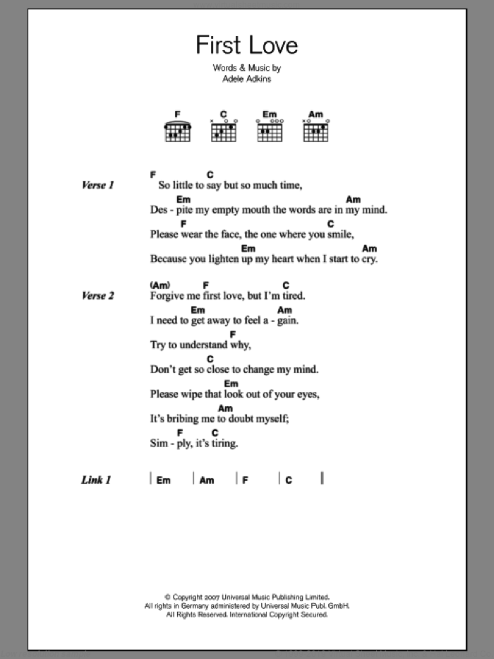 First Love sheet music for guitar (chords) by Adele and Adele Adkins, intermediate skill level