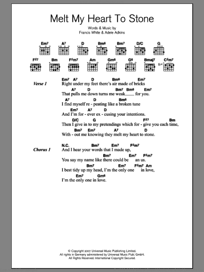 Melt My Heart To Stone sheet music for guitar (chords) by Adele, Adele Adkins and Francis White, intermediate skill level