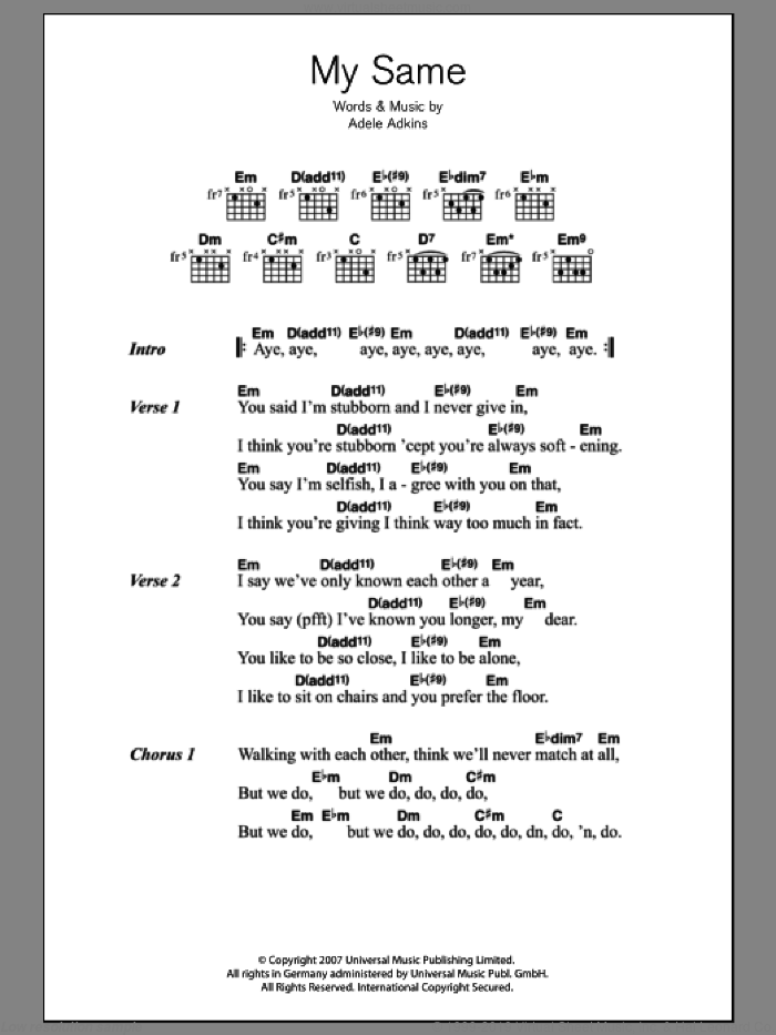 My Same sheet music for guitar (chords) by Adele and Adele Adkins, intermediate skill level
