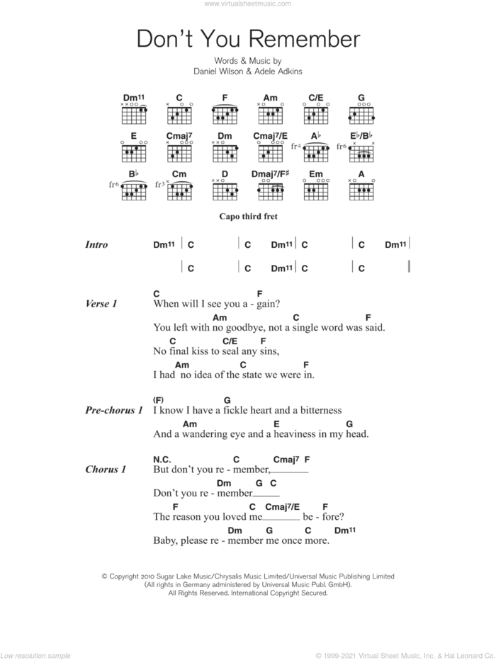 Don't You Remember sheet music for guitar (chords) by Adele, Adele Adkins and Dan Wilson, intermediate skill level