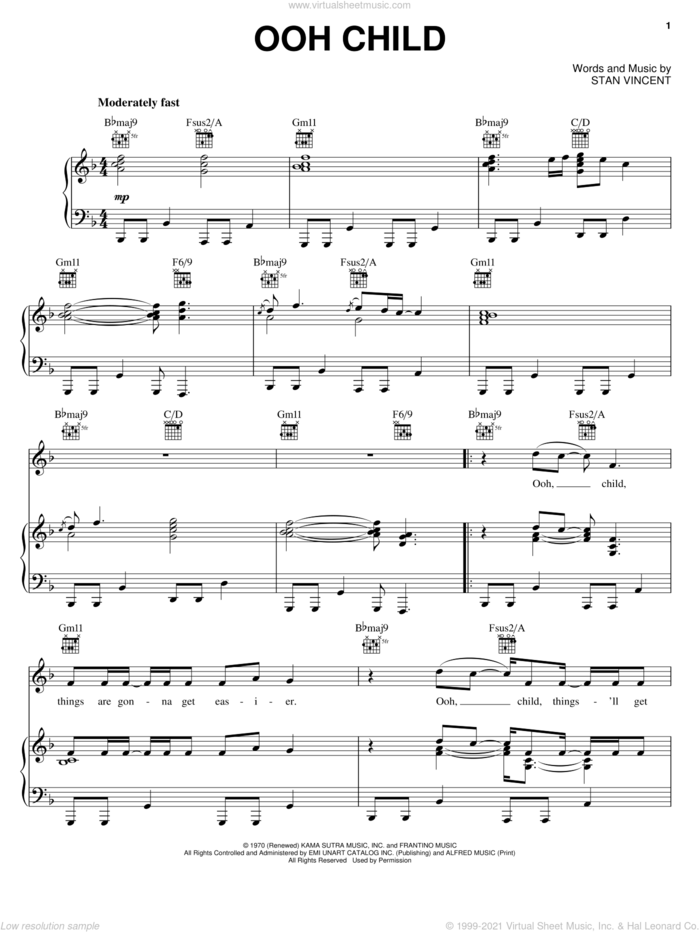 Ooh Child sheet music for voice, piano or guitar by Donnie McClurkin and Stan Vincent, intermediate skill level