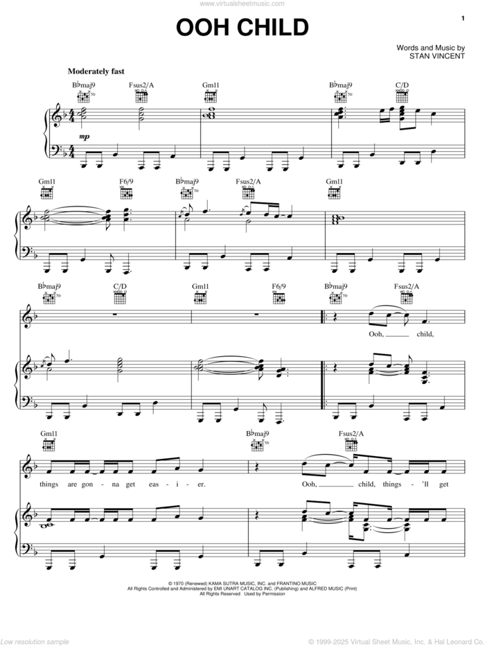 Ooh Child sheet music for voice, piano or guitar by Donnie McClurkin and Stan Vincent, intermediate skill level