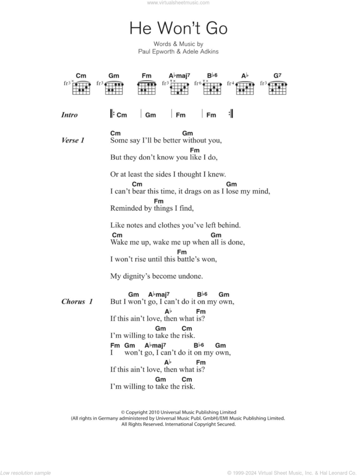 He Won't Go sheet music for guitar (chords) by Adele, Adele Adkins and Paul Epworth, intermediate skill level