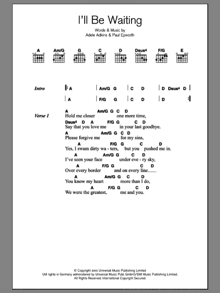 I'll Be Waiting sheet music for guitar (chords) by Adele, Adele Adkins and Paul Epworth, intermediate skill level