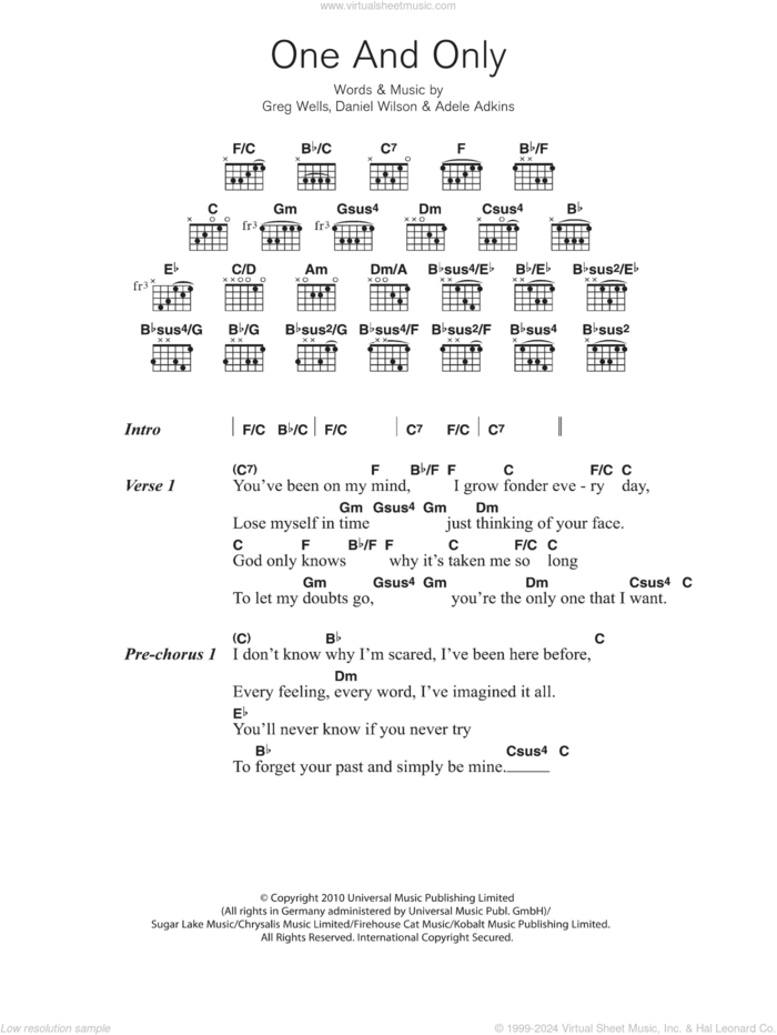 One And Only sheet music for guitar (chords) by Adele, Adele Adkins, Dan Wilson and Greg Wells, intermediate skill level