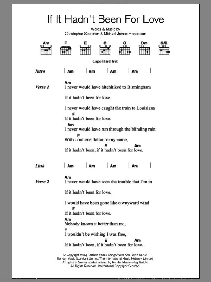 If It Hadn't Been For Love sheet music for guitar (chords) by Adele, Christopher Stapleton and Michael James Henderson, intermediate skill level