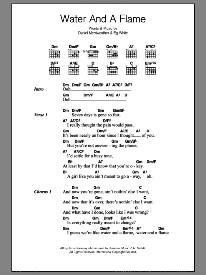 Water And A Flame (feat. Adele) sheet music for guitar (chords) by Daniel Merriweather, Adele, Daniel Merriweather featuring Adele and Eg White, intermediate skill level