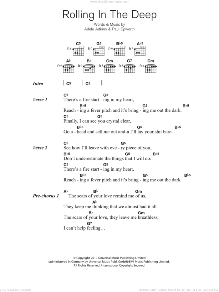 Rolling In The Deep sheet music for guitar (chords) by Adele, Adele Adkins and Paul Epworth, intermediate skill level