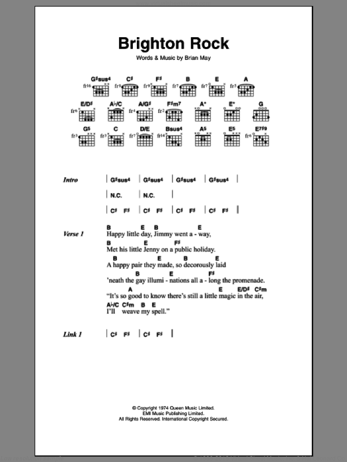 Brighton Rock sheet music for guitar (chords) by Queen and Brian May, intermediate skill level