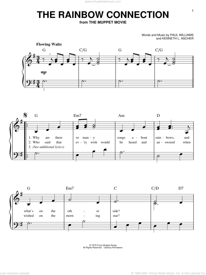 The Rainbow Connection sheet music for piano solo by Kermit The Frog, Kenneth L. Ascher and Paul Williams, easy skill level