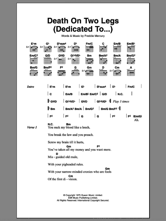 Death On Two Legs (Dedicated To...) sheet music for guitar (chords) by Queen and Frederick Mercury, intermediate skill level