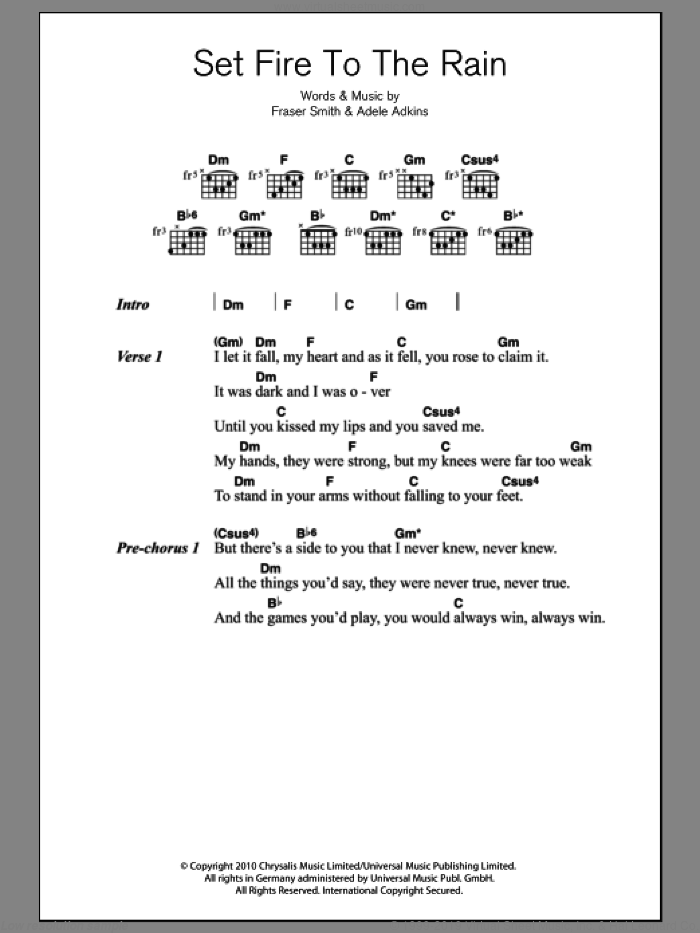 Set Fire To The Rain sheet music for guitar (chords) by Adele, Adele Adkins and Fraser T. Smith, intermediate skill level