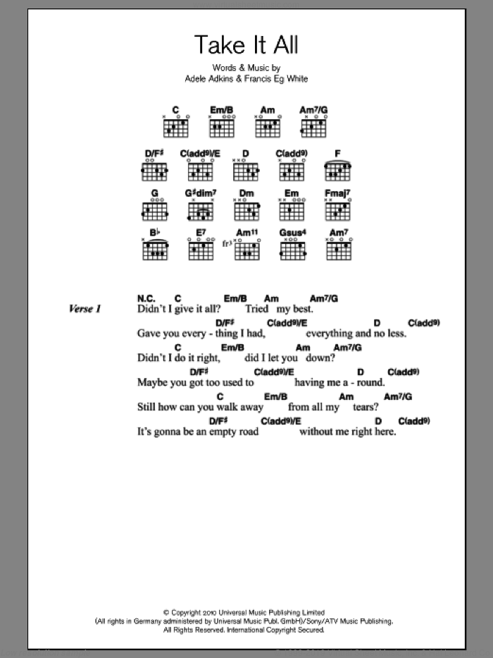 Take It All sheet music for guitar (chords) by Adele, Adele Adkins and Francis White, intermediate skill level