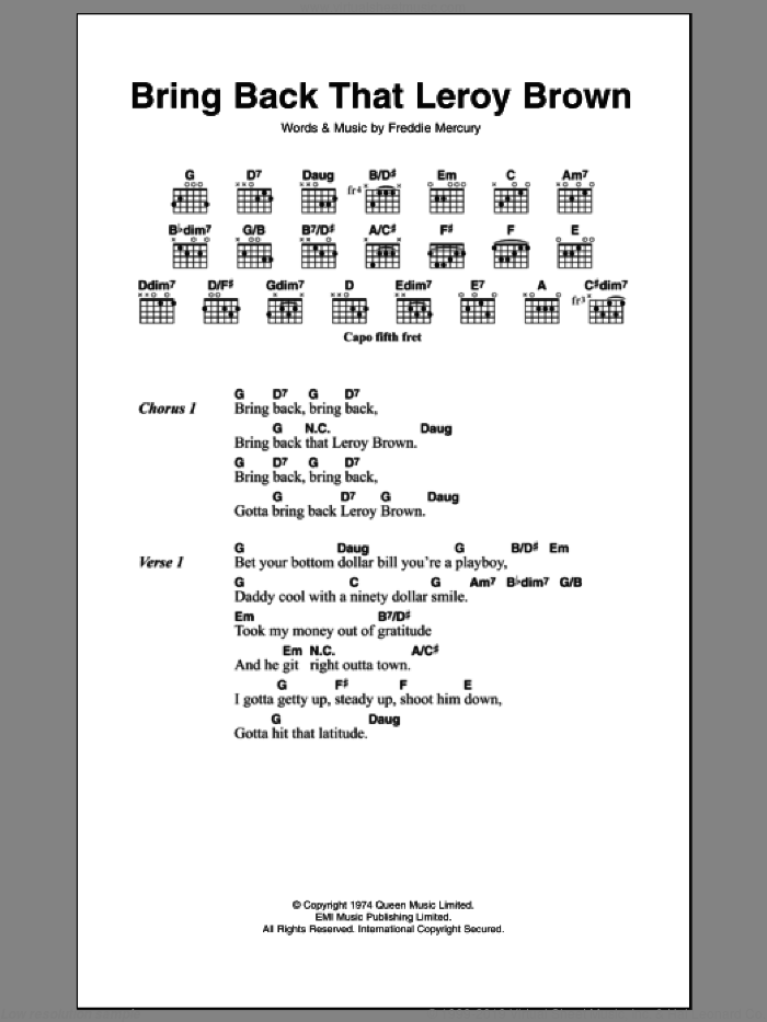 Bring Back That Leroy Brown sheet music for guitar (chords) by Queen and Frederick Mercury, intermediate skill level