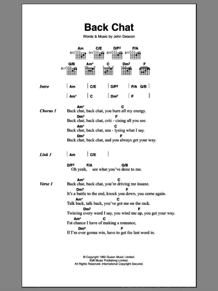 Back Chat sheet music for guitar (chords) by Queen and John Richard Deacon, intermediate skill level