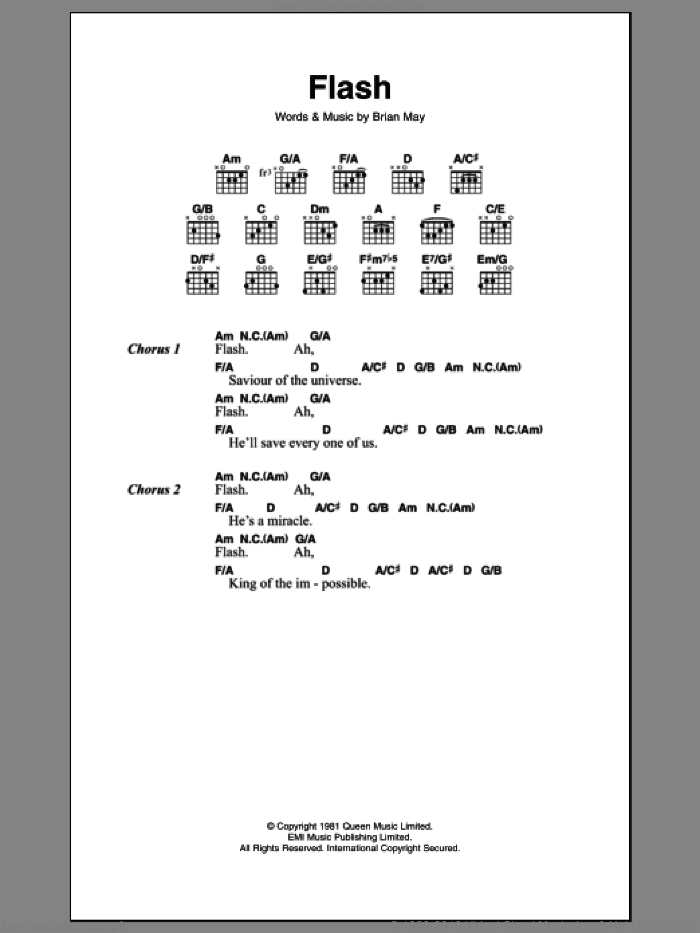 Flash sheet music for guitar (chords) by Queen and Brian May, intermediate skill level