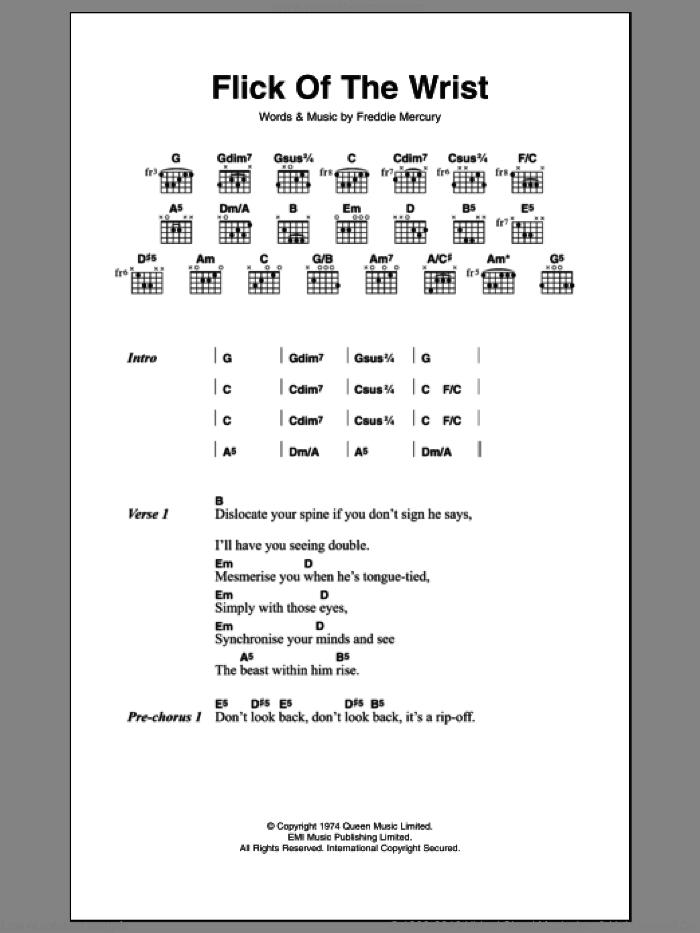Flick Of The Wrist sheet music for guitar (chords) by Queen and Frederick Mercury, intermediate skill level