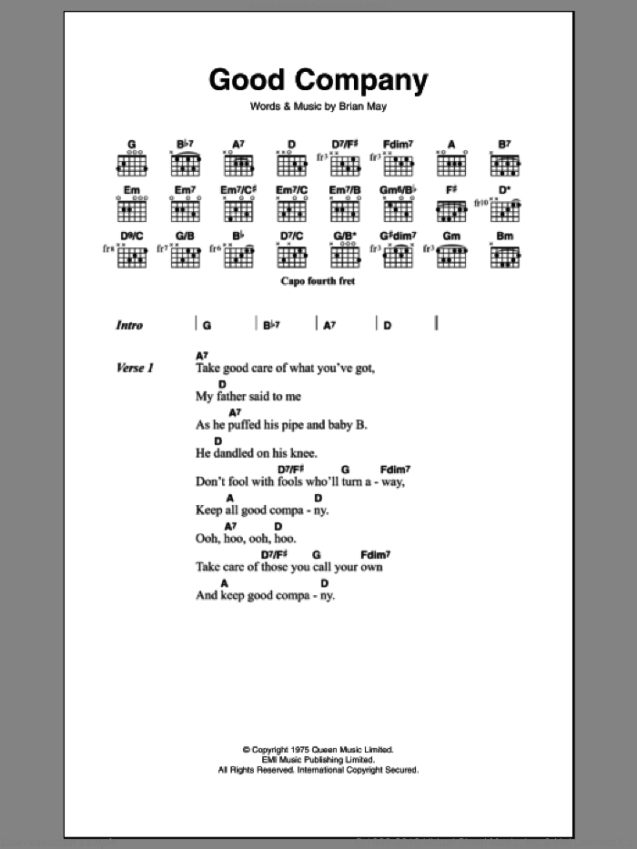 Good Company sheet music for guitar (chords) by Queen and Brian May, intermediate skill level