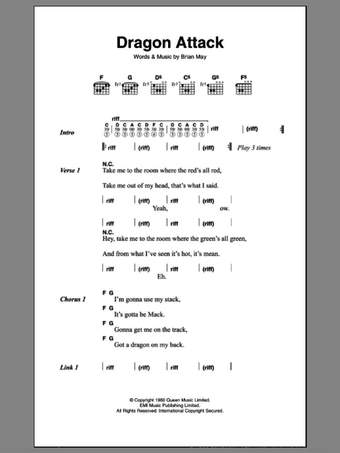 Dragon Attack sheet music for guitar (chords) by Queen and Brian May, intermediate skill level